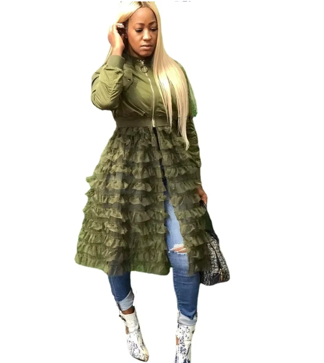 RUFFLED UP BOMBER JACKET (OLIVE)