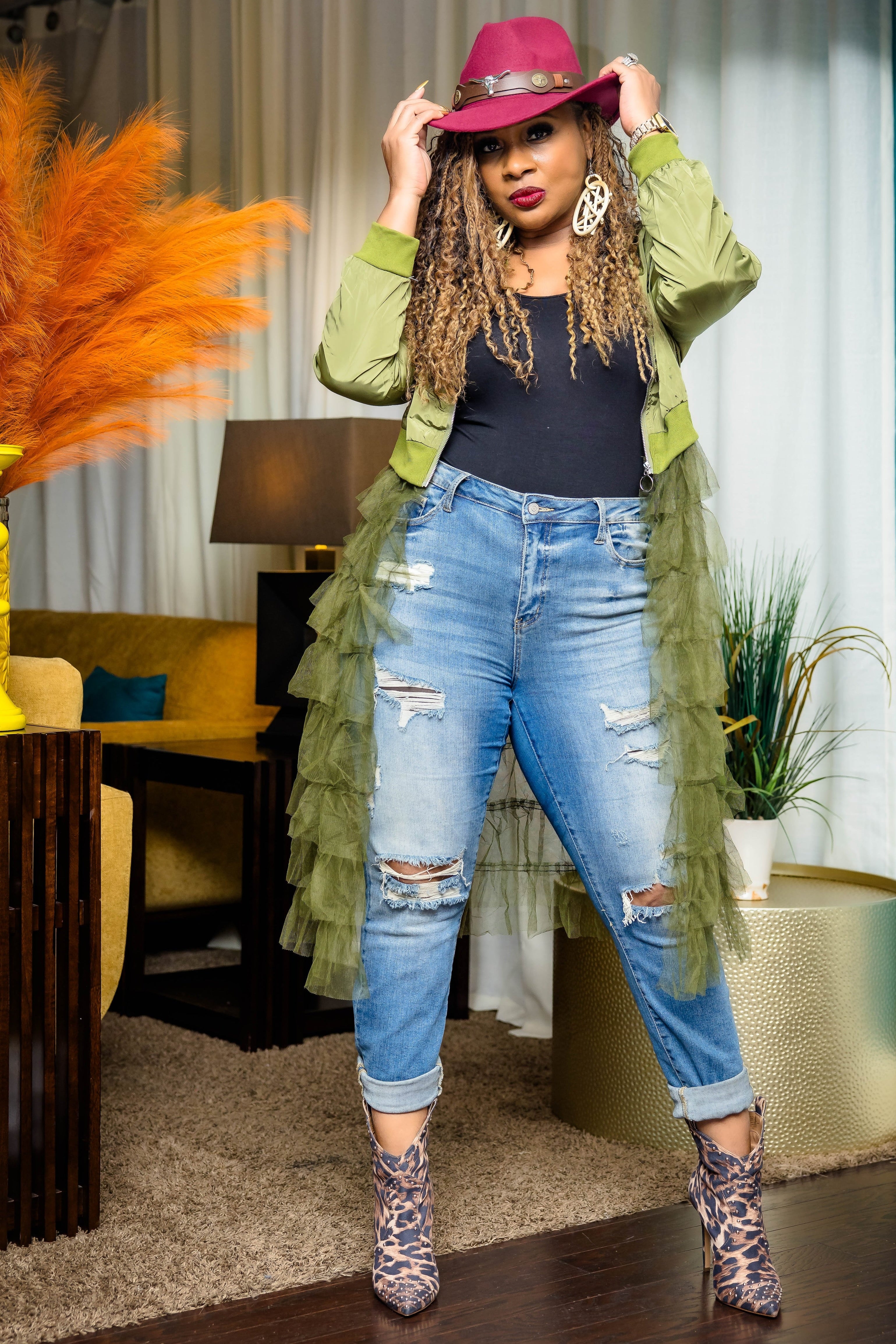 RUFFLED UP BOMBER JACKET (OLIVE)